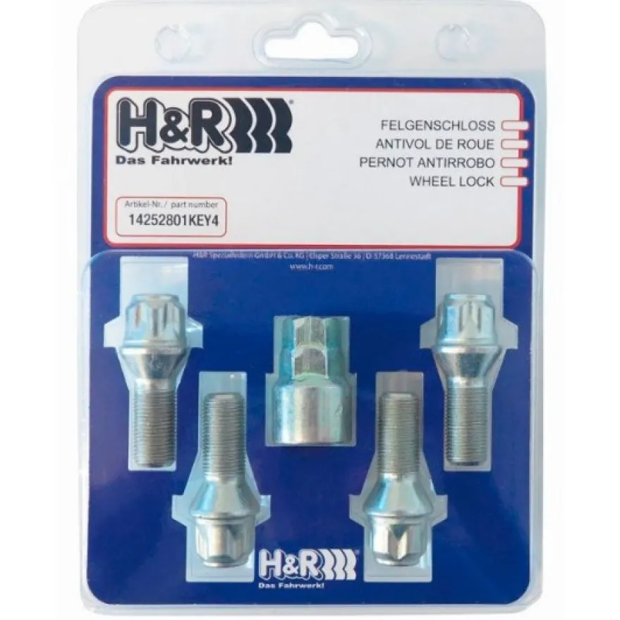 H&R Låsbultsats HR-1453101KEY4 M14x1.5 Konisk Silver, Längd 31mm