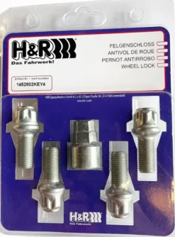 H&R Låsbultsats HR-1452802KEY4 M14x1,5 Sfärisk 14mm säte Silver, Längd 28mm Mercedes