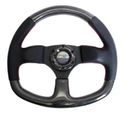 NRG Sportratt Kolfiber med Lädergrepp / Röda Sömmar / Platt Botten 320mm