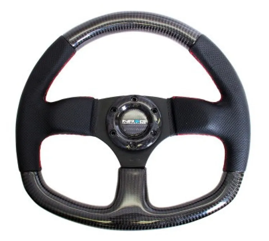 NRG Sportratt Kolfiber med Lädergrepp / Röda Sömmar / Platt Botten 320mm