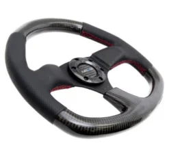 NRG Sportratt Kolfiber med Lädergrepp / Röda Sömmar / Platt Botten 320mm