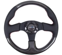 NRG Sportratt Kolfiber med Lädergrepp / Röda Sömmar 315mm