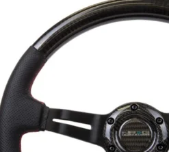 NRG Sportratt Kolfiber med Svart Centrum / Lädergrepp Röda Sömmar 350mm (1.5'' Djup)