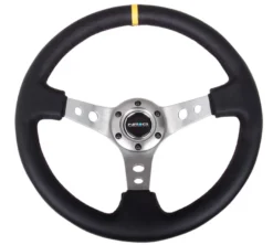 NRG Sportratt Läder med Gunmetall Centrum / Gul Centermarkering 350mm (3'' Djup)