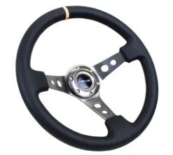NRG Sportratt Läder med Gunmetall Centrum / Gul Centermarkering 350mm (3'' Djup)