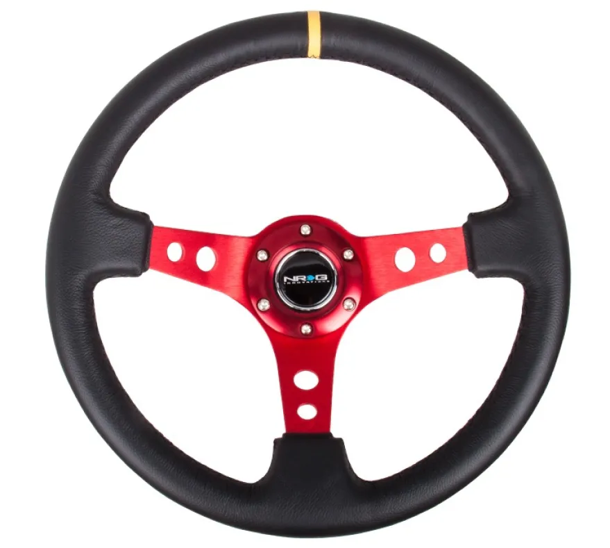 NRG Sportratt Läder med Rött Centrum / Gul Centermarkering 350mm (3'' Djup)