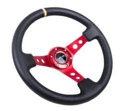 NRG Sportratt Läder med Rött Centrum / Gul Centermarkering 350mm (3'' Djup)