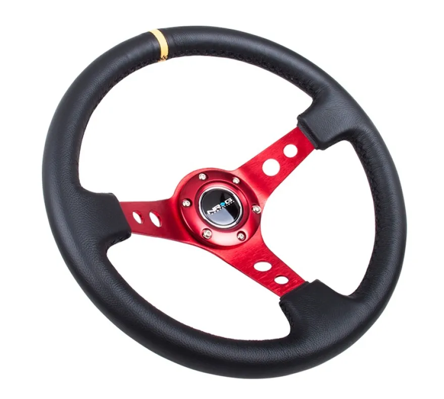 NRG Sportratt Läder med Rött Centrum / Gul Centermarkering 350mm (3'' Djup)