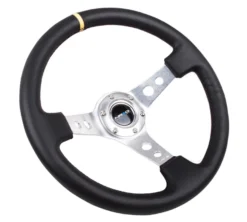 NRG Sportratt Läder med Silver Centrum / Gul Centermarkering 350mm (3'' Djup)