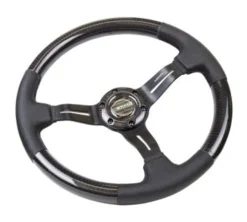 NRG Sportratt Kolfiber med Svart Centrum / Lädergrepp 350mm (1.5'' Djup)