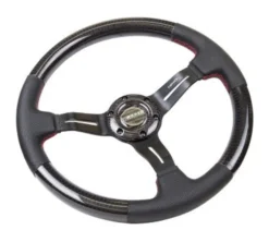 NRG Sportratt Kolfiber med Svart Centrum / Lädergrepp Röda Sömmar 350mm (1.5'' Djup)